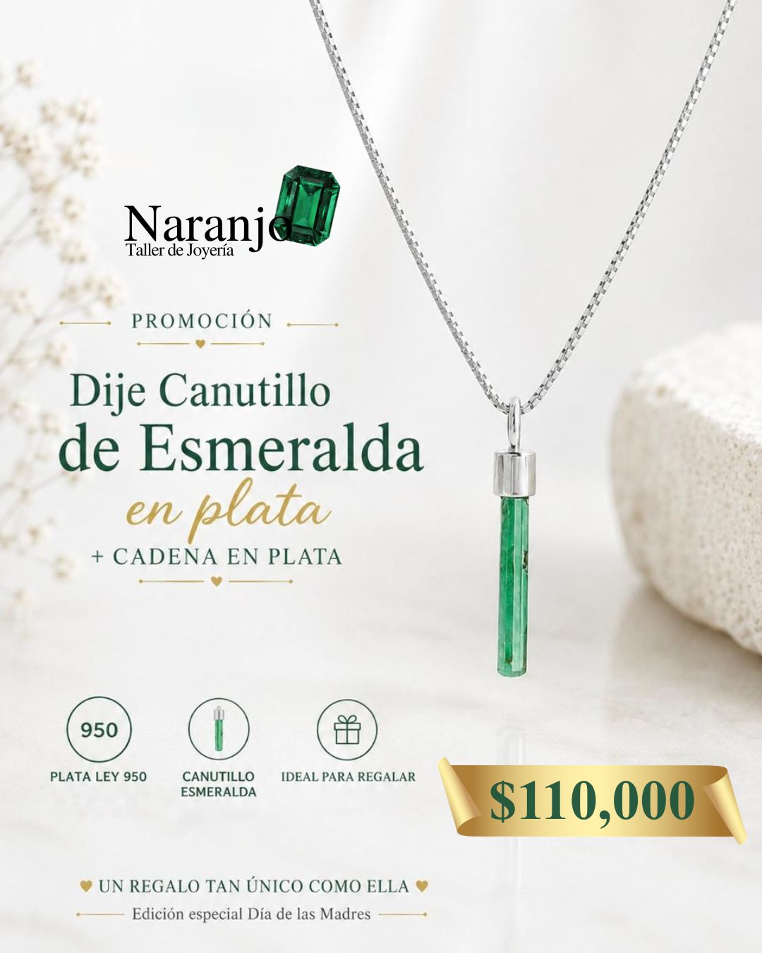 Dije Canutillo Esmeralda en plata